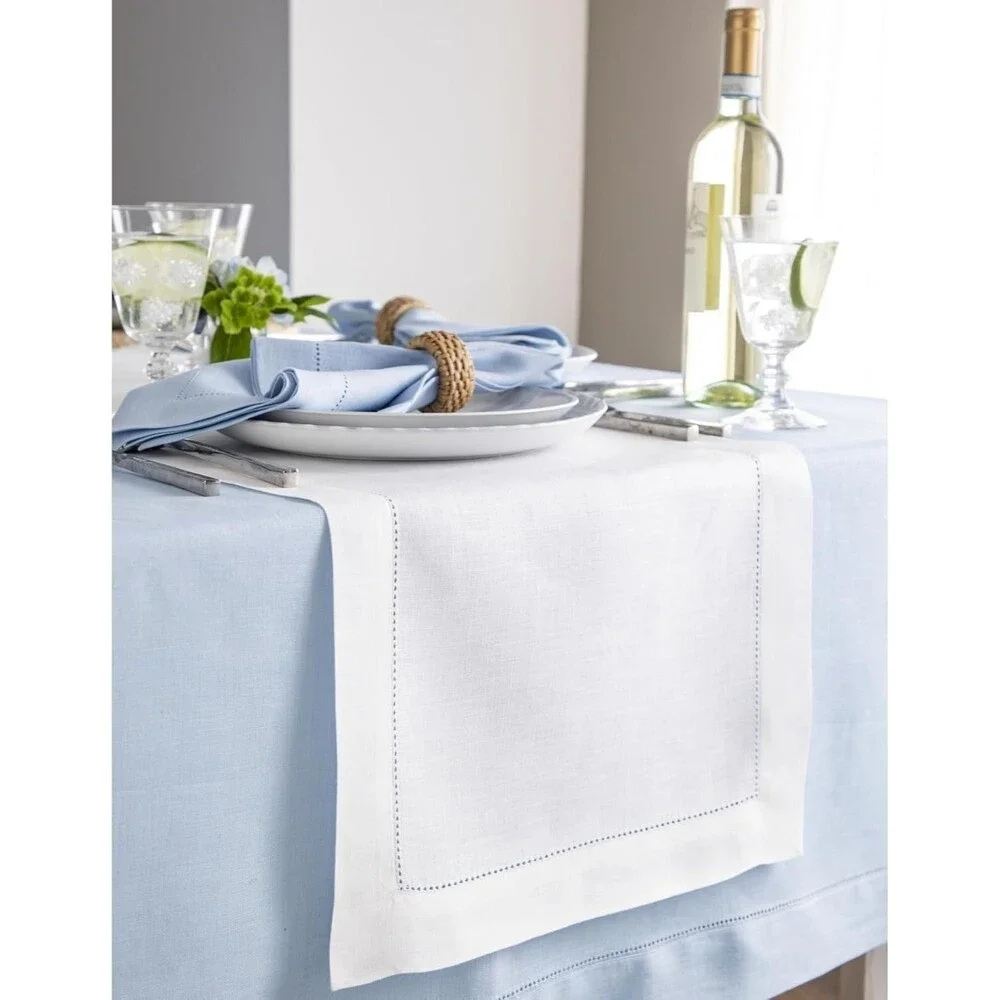 Linen White Table Runner 106 Inches Long Hemstitch stitch Farmhouse cottagecore
